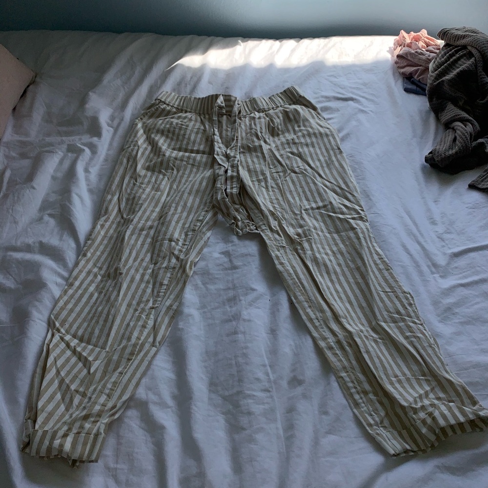 zara tan and white striped pants